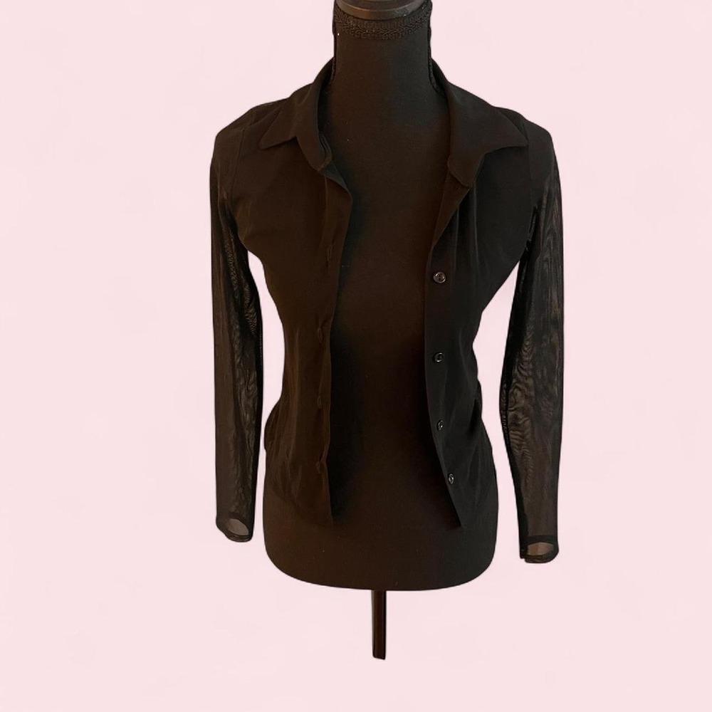 Boohoo Petite Black Mesh Button Up Top Collared Long Sleeve Shirt NWT PZZ10622